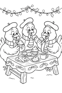 Three plump French hens with berets and striped scarves, sharing tasty treats at a decorated picnic table surrounded by twinkling Christmas lights.
