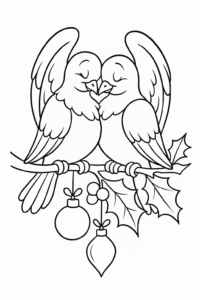 Two cuddly turtle doves snuggled together on a holly branch, their wings forming a heart shape, with Christmas ornaments hanging nearby.