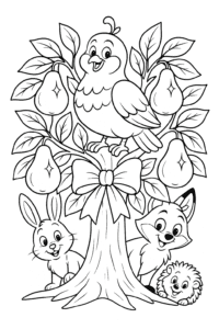 A jolly partridge sitting proudly in a lush pear tree, with sparkling pears and a big red bow, while friendly woodland animals peek out from behind the tree.