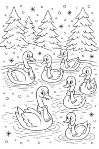 Seven graceful swans gliding across a sparkling frozen pond, each with a tiny red scarf, surrounded by snowy pine trees and soft falling snowflakes.