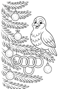 Five shiny golden rings hanging on a decorated Christmas tree, with a smiling partridge perched nearby and glittering baubles dangling from the branches.
