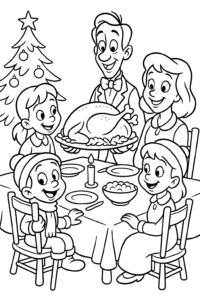 Tiny Tim and his family gathered around a glowing Christmas dinner table, with a plump turkey and happy faces