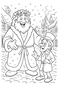 The Ghost of Christmas Present, a jolly giant with a wreath crown, showing Scrooge a cozy, snowy village street