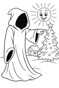 The Ghost of Christmas Yet to Come, mysterious under a dark cloak, pointing towards a sparkling, hopeful Christmas morning