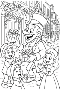Scrooge joyfully handing gifts to children in a bustling Victorian street decorated with holly and twinkling lights
