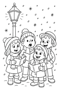 A group of bundled-up children singing carols under a glowing streetlamp, snowflakes falling around them