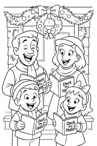 A cheerful family with songbooks singing “Deck the Halls” by a decorated front porch with a Christmas wreath