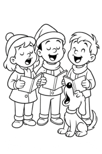 Three caroling friends, one with a Santa hat, serenading a happy dog who howls along beside them