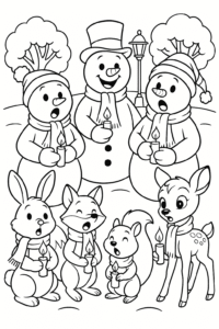 A festive choir of snowmen and woodland animals holding candles and singing in a snowy park