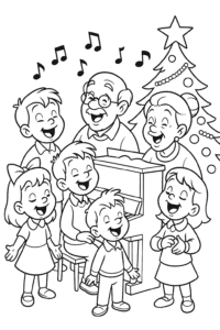 A jolly group of children and grandparents singing around a piano, with a twinkling Christmas tree nearby