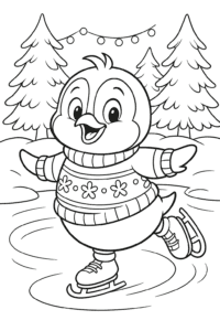A cheerful penguin wearing a Christmas sweater, skating across a frozen pond surrounded by snowy pine trees and twinkling fairy lights.