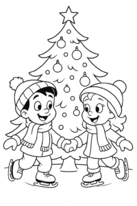 Two children bundled in colorful scarves and hats, holding hands and ice skating under a big Christmas tree decorated with ornaments and a shining star.