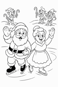 Santa Claus and Mrs. Claus gliding gracefully on skates, waving at elves who cheer from the snowy banks with candy canes and hot cocoa mugs.