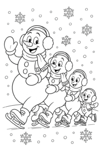 A family of snowmen wearing earmuffs and mittens, forming a skating conga line as snowflakes gently fall all around.