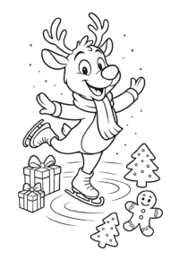 A reindeer in a red scarf, balancing on skates and spinning in the middle of a magical ice rink, with Christmas presents and gingerbread cookies nearby.