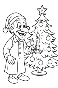 A cheerful Scrooge in a cozy nightgown, holding a glowing candle beside a decorated Christmas tree.