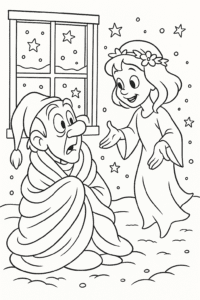 Scrooge, wide-eyed and bundled in blankets, meeting the friendly Ghost of Christmas Past in a snowy, starry room.