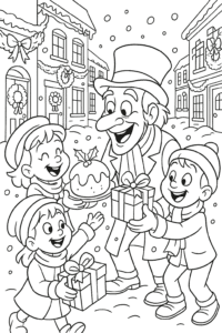 Scrooge joyfully sharing gifts and treats with happy children in a snowy Victorian street lined with wreaths and garlands.