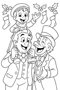 Tiny Tim, smiling and waving, sitting on his father’s shoulders as Scrooge laughs nearby, surrounded by Christmas stockings and holly.