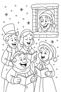 A jolly group of Christmas carolers outside Scrooge’s frosty window, with Scrooge peeking out and smiling, snowflakes gently falling around them.