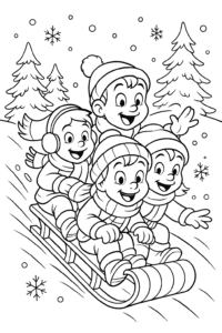 A group of children bundled up in cozy scarves and hats, zooming down a snowy hill on a big wooden sled, surrounded by pine trees and falling snowflakes