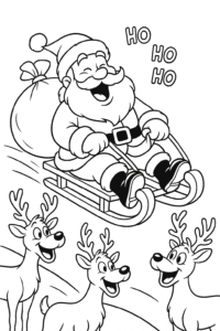 Santa Claus laughing joyfully as he sledges with a sack of presents, with reindeer cheering him on from the sidelines