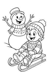 A happy snowman with twig arms, riding a sled next to a child, both with big smiles and Christmas sweaters