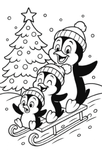 A family of penguins wearing winter hats, sliding on a sled past a decorated Christmas tree in a snowy field