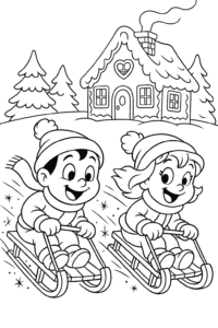 Two best friends racing their sleds, leaving a trail of sparkling snow, as a gingerbread house glows warmly in the background