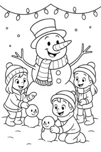 A happy snowman with a big carrot nose and colorful scarf, surrounded by children building mini snow-friends under twinkling Christmas lights.