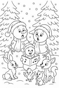A magical forest scene with a family of snowmen wearing Santa hats, singing carols beneath snowy pine trees as woodland animals listen and join the chorus.