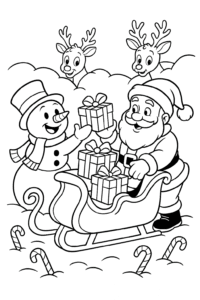 A cheerful snowman helping Santa Claus pack gifts into a sparkling red sleigh, with reindeer peeking out from behind snowy drifts and candy canes scattered in the snow.