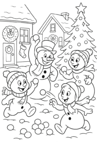 A snowman family having a fun snowball fight in a cozy village square decorated with Christmas wreaths, stockings, and a twinkling tree nearby.