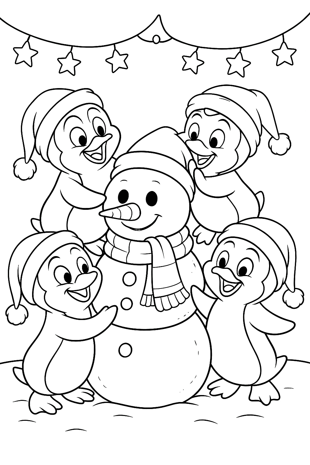 A group of cheerful penguins wearing Santa hats builds a sparkling snowman under twinkling Christmas lights.
