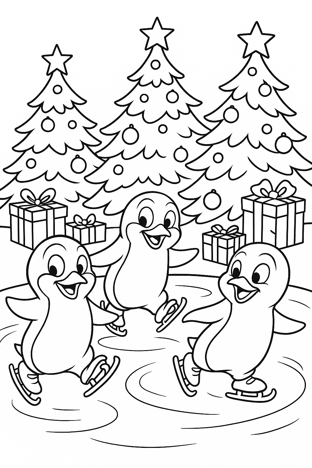 Three penguins skate gracefully across a frozen pond, surrounded by decorated Christmas trees and wrapped gifts.