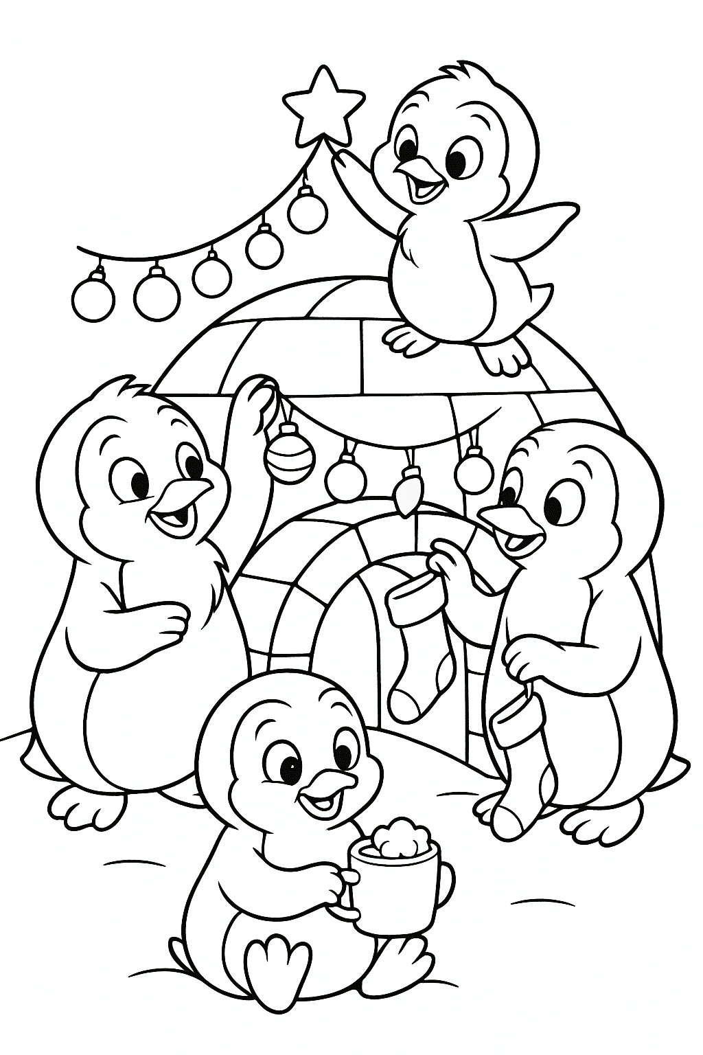 A penguin family gathers around an igloo, hanging colorful ornaments and stockings while sipping hot cocoa.