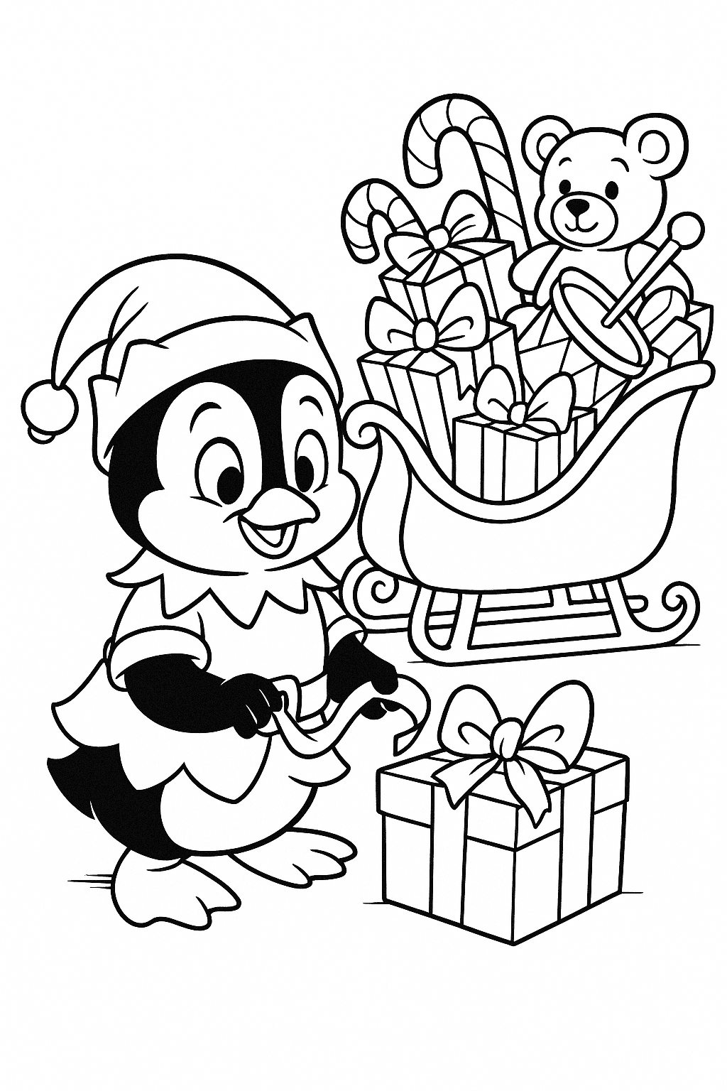 A little penguin dressed as an elf helps wrap presents beside a sleigh filled with toys and candy canes.