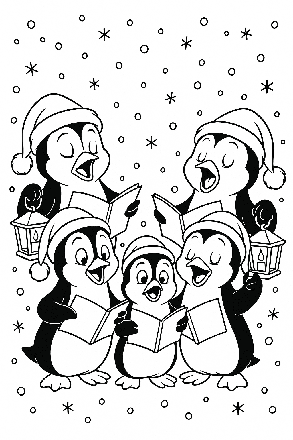 Penguins sing Christmas carols together, holding songbooks and lanterns, while snowflakes gently fall around them.