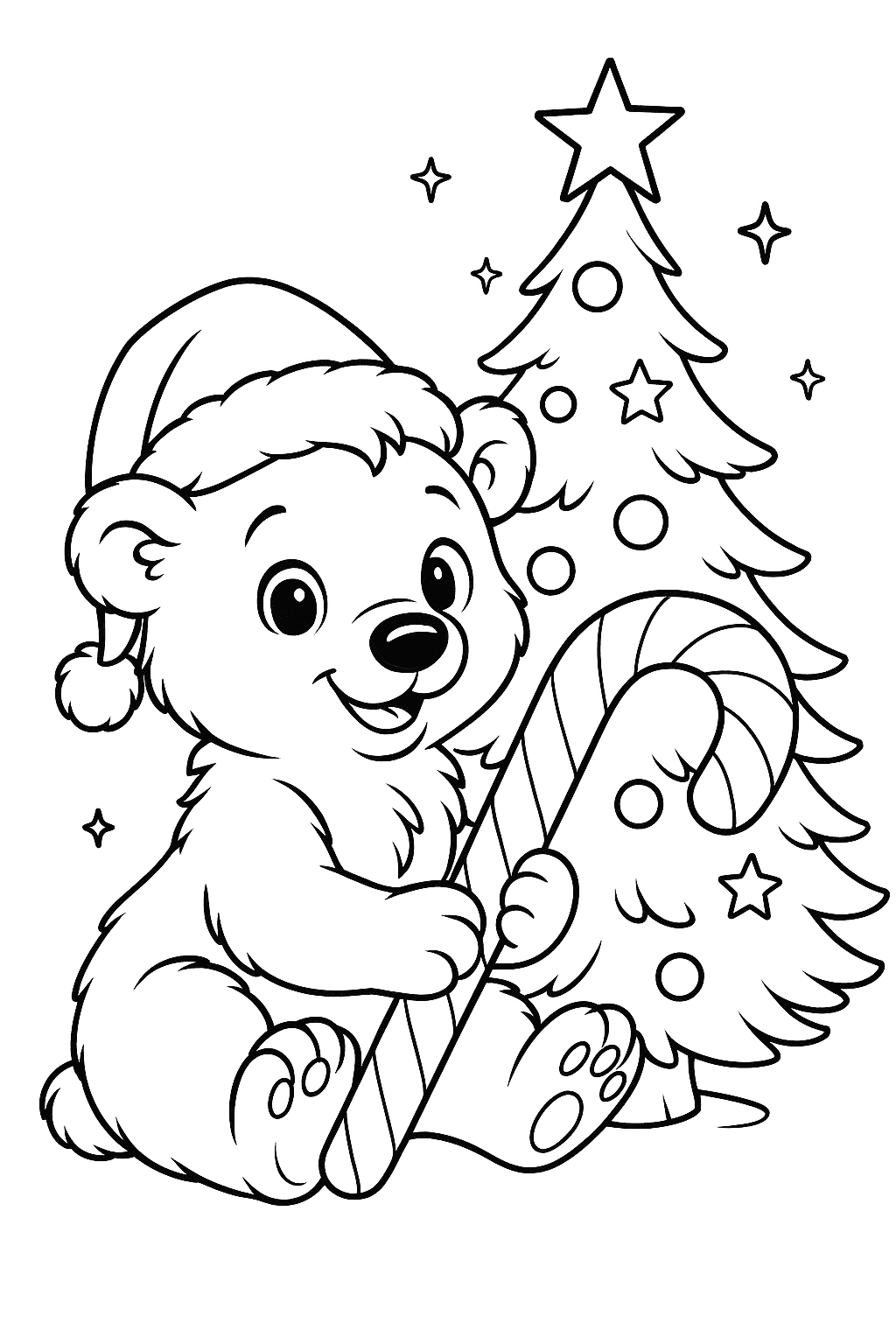 A fluffy polar bear cub wearing a Santa hat sits beside a sparkling Christmas tree, holding a giant striped candy cane.