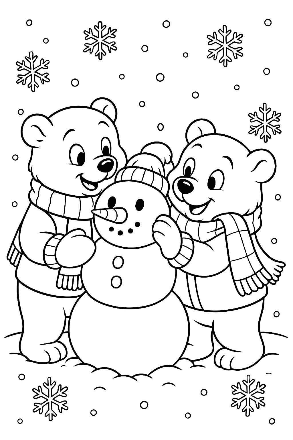 Two polar bear friends, bundled up in cozy scarves and mittens, build a snowbear together while snowflakes drift gently all around them.