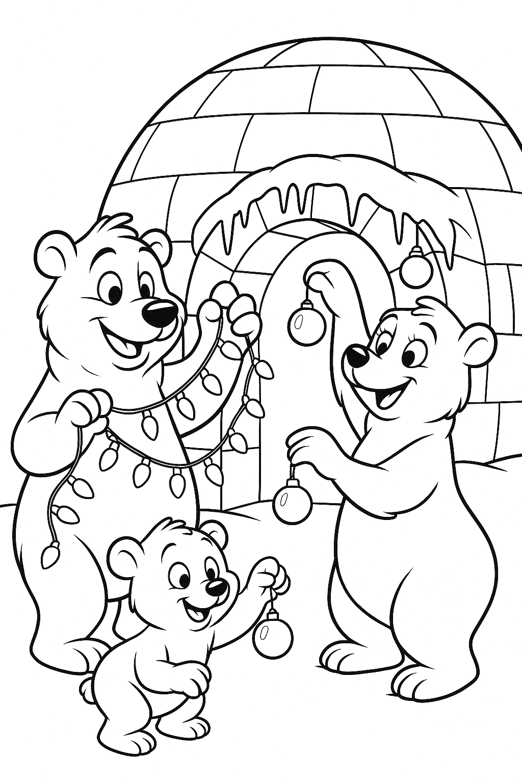 A polar bear family enjoys decorating their igloo with twinkling Christmas lights and hanging shiny ornaments from icy ledges.