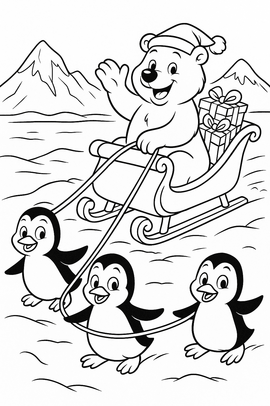 A jolly polar bear rides a sleigh pulled by penguins across a snowy Arctic landscape, delivering presents wrapped in festive paper.