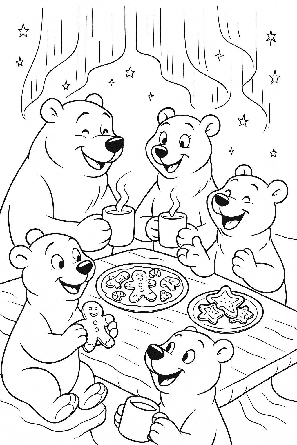 A group of polar bears gather for a holiday feast, sharing hot cocoa, gingerbread cookies, and laughter around a frosty table under the Northern Lights.