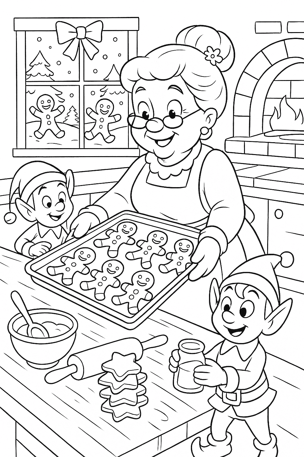 Mrs. Claus baking a tray of Christmas cookies in a snowy North Pole kitchen, with elves helping and gingerbread men dancing in the background.