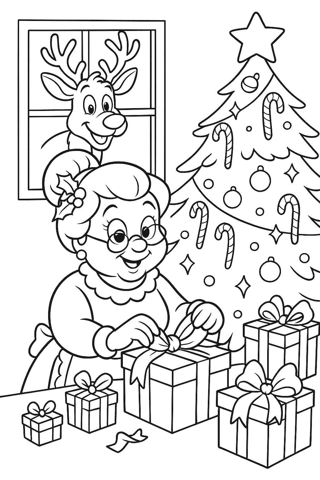 Mrs. Claus wrapping colorful presents beside a twinkling Christmas tree decorated with candy canes and ornaments, with happy reindeer peeking in through the window.