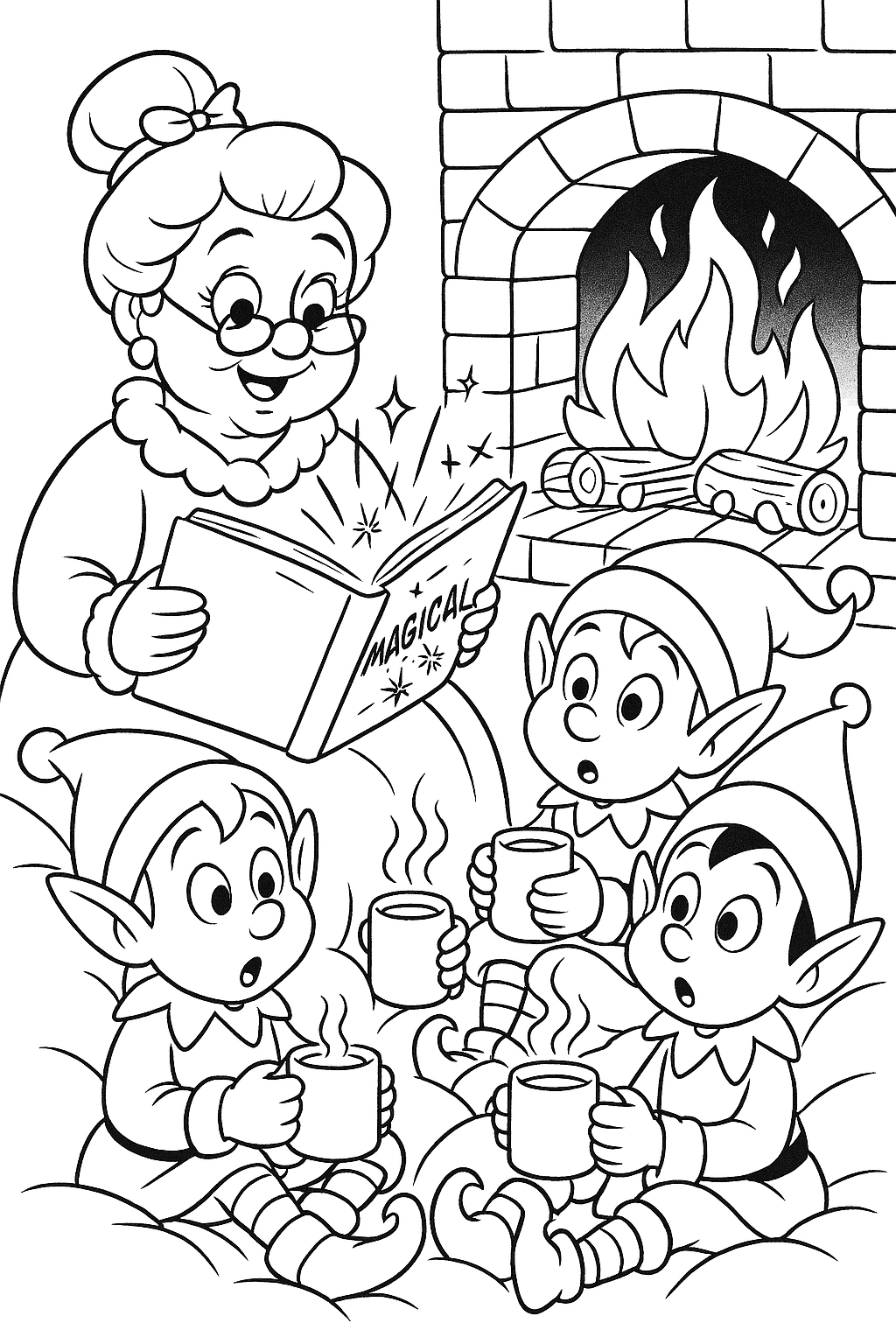 Mrs. Claus reading a magical Christmas storybook to a group of wide-eyed elves who are snuggled up with mugs of cocoa by a crackling fireplace.
