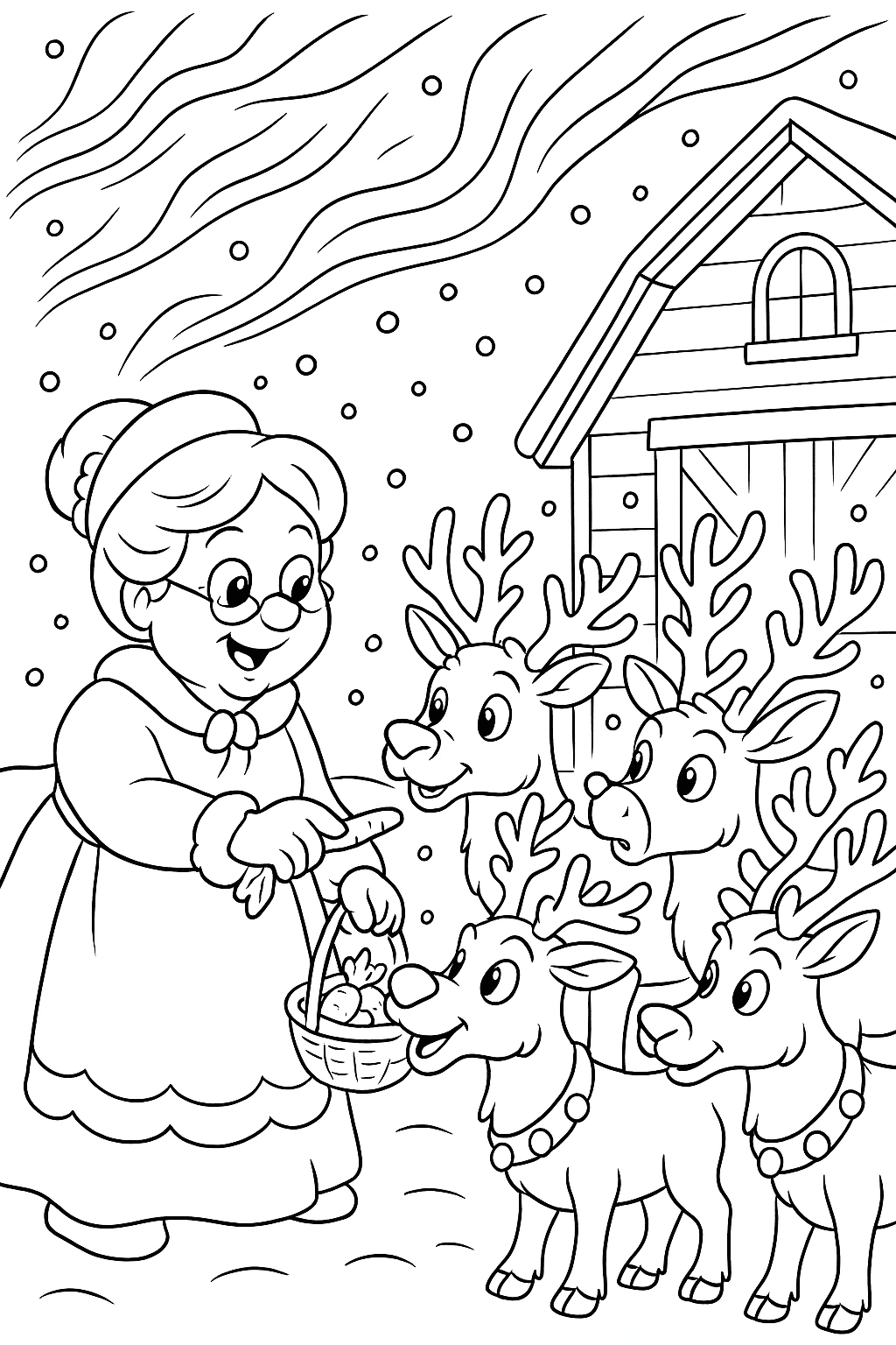 Mrs. Claus feeding carrots and treats to Santa’s reindeer outside a cozy red barn, with snow gently falling and the Northern Lights glowing in the sky.