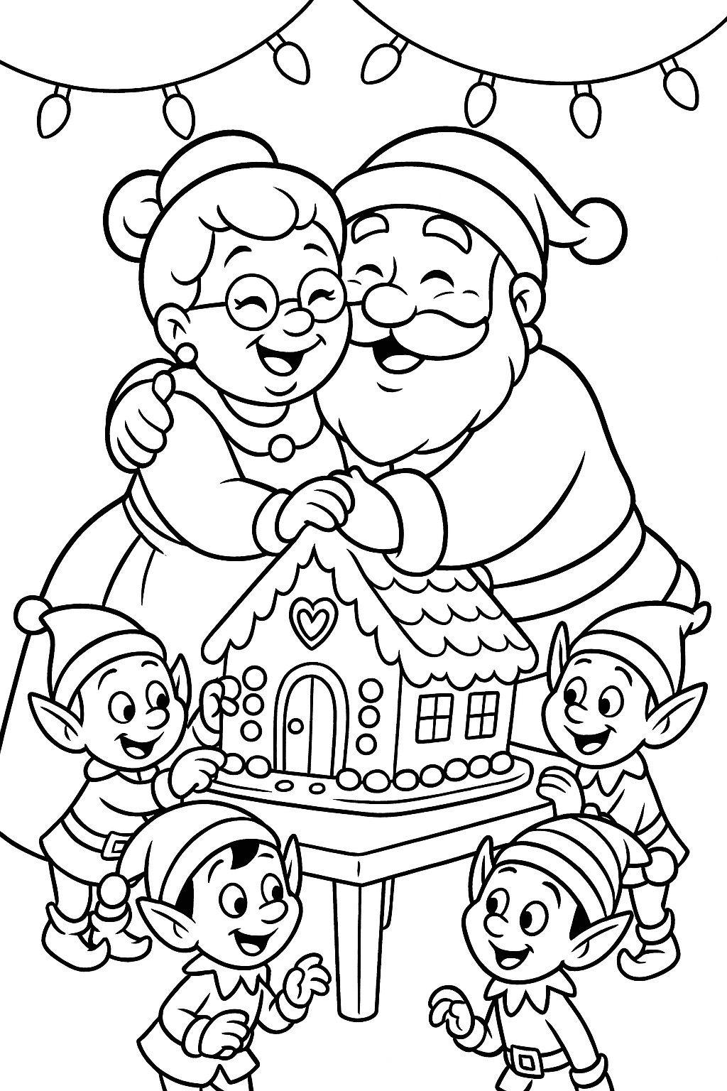 Mrs. Claus and Santa Claus sharing a cheerful hug while decorating a gingerbread house together, surrounded by cheerful elves and sparkling Christmas lights.