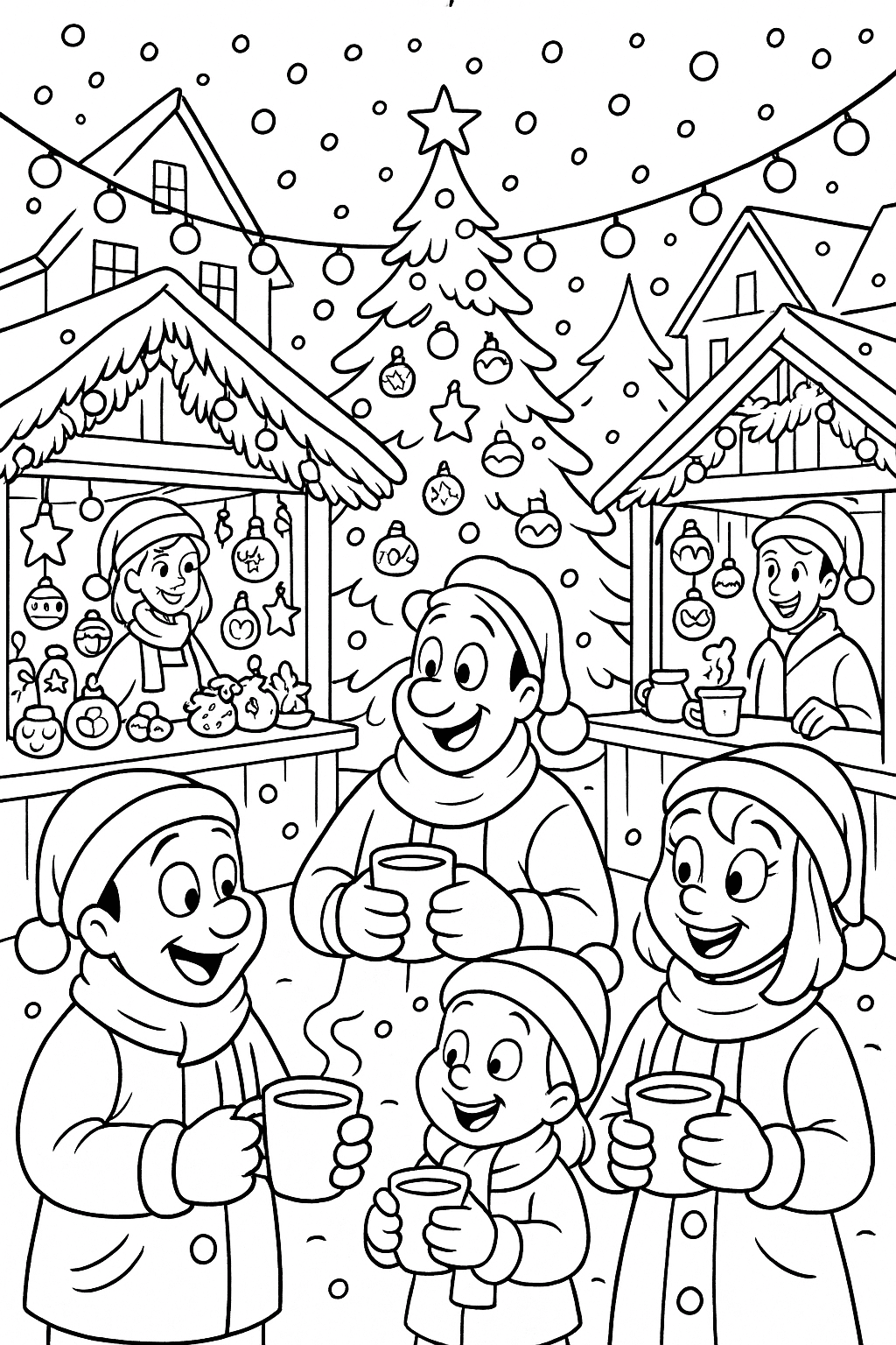 A bustling Christmas market square with twinkling lights, decorated stalls selling ornaments, and families sipping hot cocoa surrounded by falling snow.