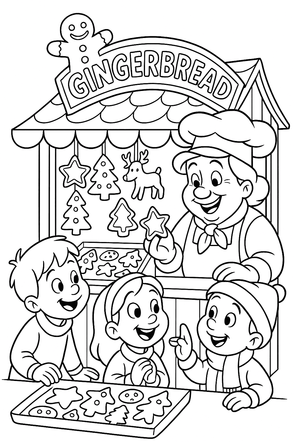 A cheerful gingerbread bakery stall where children admire delicious cookies shaped like stars, trees, and reindeer, with a friendly baker offering samples.